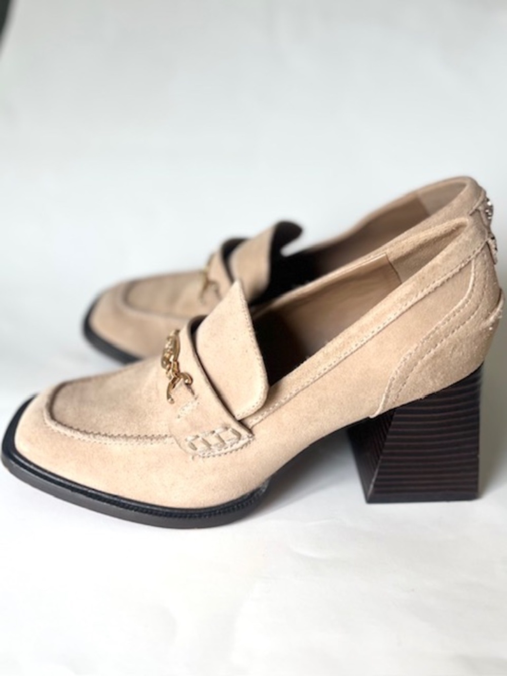 Sam Edelman Quincy Block Heel Suede Loafers in light tan/beige
